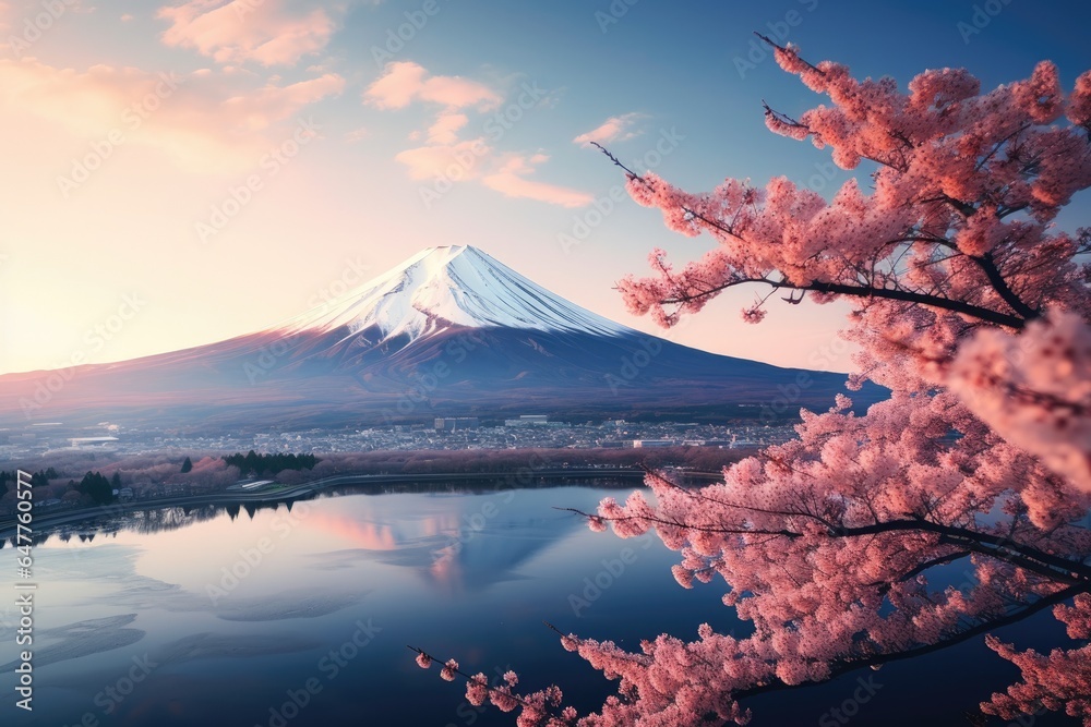 A breathtaking cherry blossom tree in front of a majestic mountain