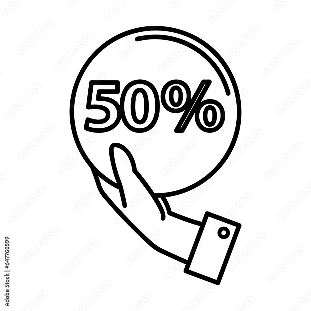 Simple outline of hand of seller with discount sign vector icon. Black line drawing or cartoon illustration of person with sale symbol on white background. Shopping, promotion, sale concept