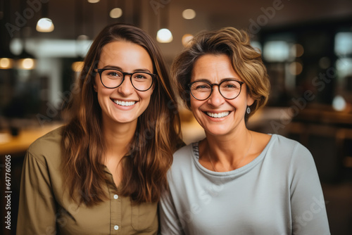Tutoring, portrait of smiling senior woman teacher with cute young woman student indoors looking at camera
