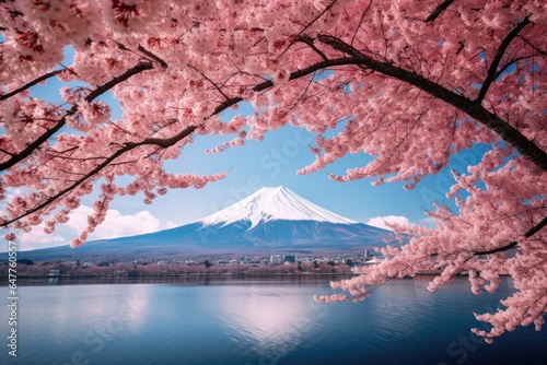 A beautiful cherry blossom tree in front of a majestic mountain backdrop