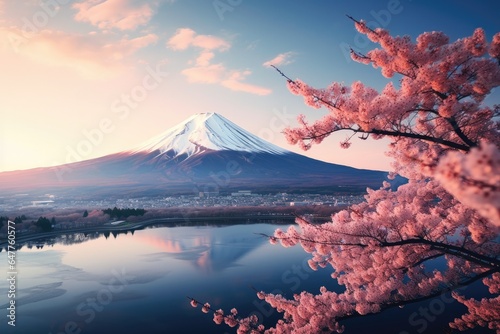 A breathtaking cherry blossom tree in front of a majestic mountain