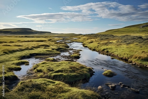 A wetland formed by peat  located near Hoo Field in Voe  on the mainland of Shetland  United Kingdom. Generative AI