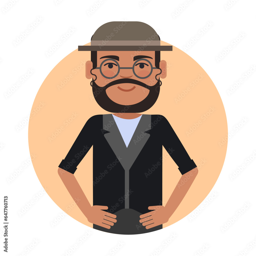 Orthodox Jewish priest flat vector circle icon. Religious man in round glasses with beard and headdress isolated on white background. Activities and professions, religion, faith concept