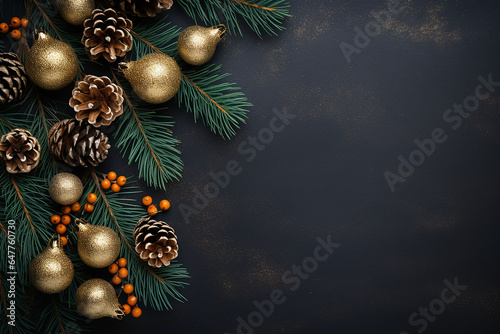 Christmas background with fir branches and golden decorations on black background. Top view with copy space