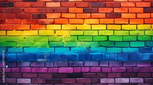 A brick wall painted with LGBTQ rainbow colors