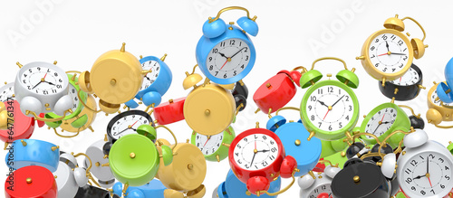 Many of flying alarm clocks on white background. 3d render of wake up time