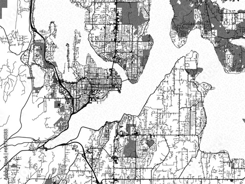 Greyscale vector city map of  Bremerton Washington in the United States of America with with water, fields and parks, and roads on a white background.