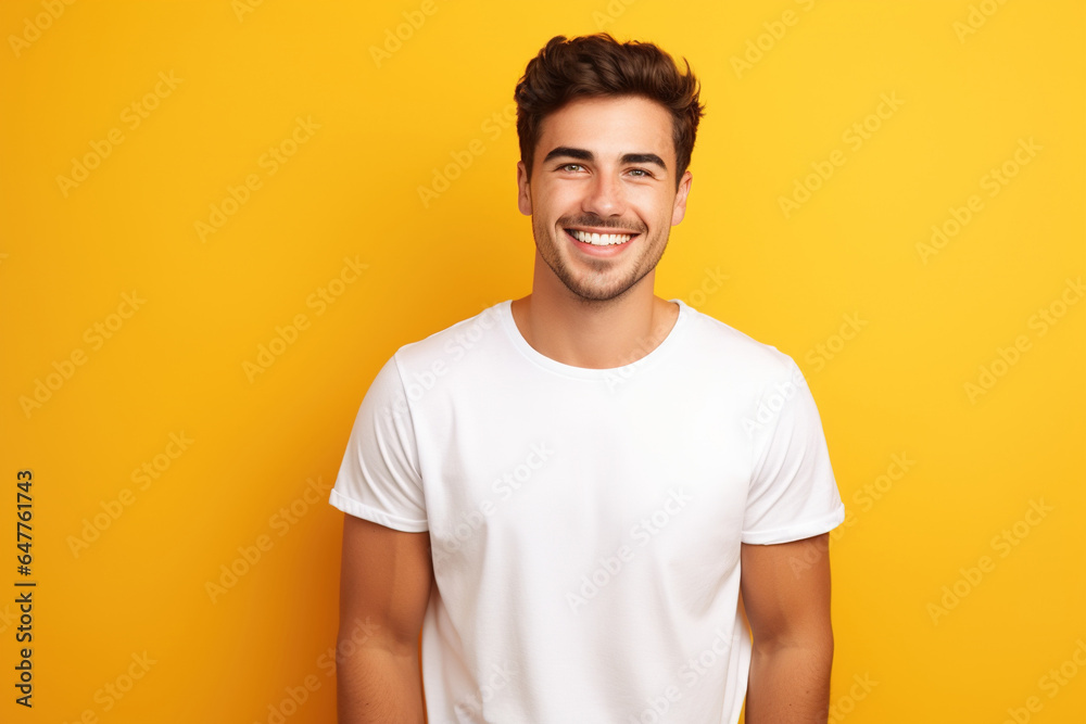 Young smiling caucasian man wearing blank white t-shirt isolated on yellow background. AI