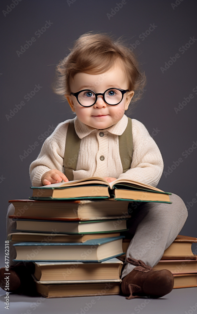 A small child with big glasses read sitting on a stack of books, studio photo, gray background A small child with big glasses read sitting on a stack of books, studio photo, gray background