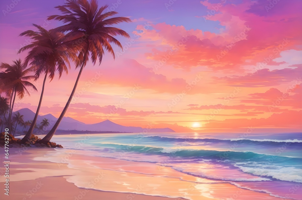 Painterly Horizon: Sunset on the Dreamy Beach. Generative ai