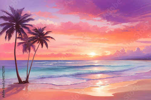 Artful Oasis: Painted Trees Bask in the Warmth of a Tropical Sunset. Generative ai