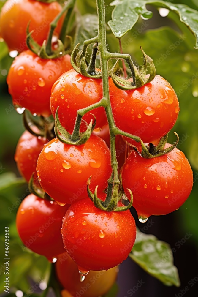 Fresh tomatoes fruit hanging on branch, AI Generated