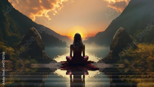 Experience  tranquility with Sound healing therapy and Yoga meditation: A woman silhouetted against a vibrant sunset, radiating cosmic energy, perfect for meditation and relaxation.. generative Ai  photo