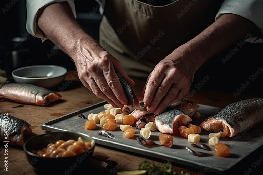 Preparing a Delicious Fish Dish on a Cutting Board with Fresh Vegetables and Fragrant Spices -  Ideal for the Christmas and Holiday Feasts