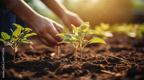 A young man hands are planting saplings and trees that grow photo