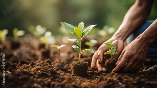 A young man hands are planting saplings and trees that grow