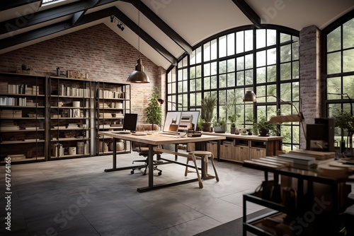 Cozy modern minimalistic spacious industrial loft interior design of a home office workspace with factory windows and concrete and wooden elements