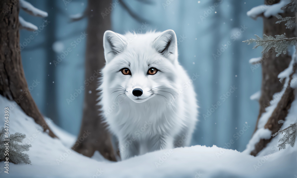 An Arctic fox in snowy forest 