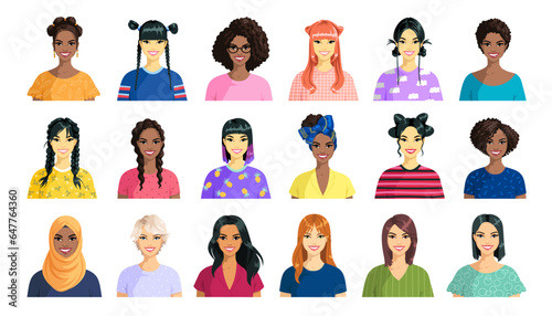 Set of avatars of women. Various girls, multiracial, multicultural. Portraits of smiling women of different skin colors and hairstyles. Women of African, Asian, Arab, European appearance. Vector.