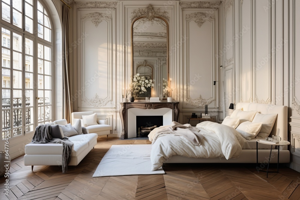 Cozy posh luxurious interior design of bedroom with kingsize bed ...