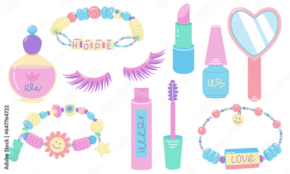Set of cosmetics in trendy color. Collection with perfumes, mascara, lipstick, polish, mirror, eyelashes and beads bracelet. Flat hand drawn vector illustration.