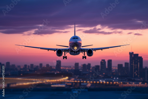 Close-up of a plane taking off from the airport. Background of night view of buildings. Holidays and vacation travel concept.