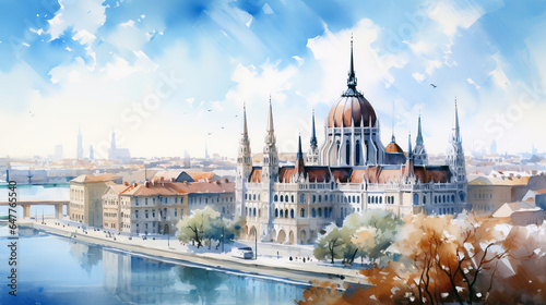 hungarian parliament ,watercolor cityscape  photo