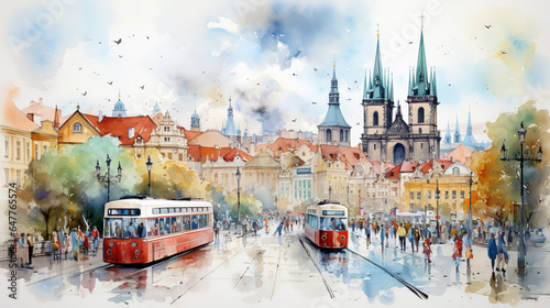 watercolor landscape city Prague
