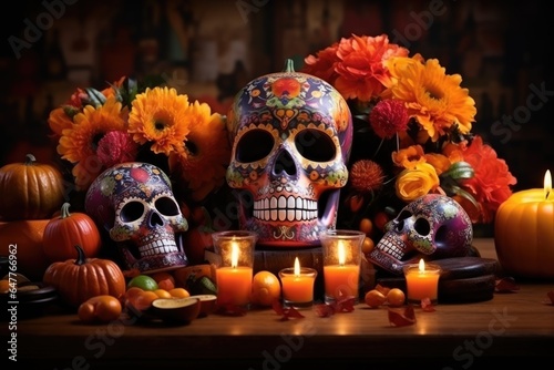 Day of the dead, Dia De Los Muertos Celebration Background With sugar Skull, AI Generated