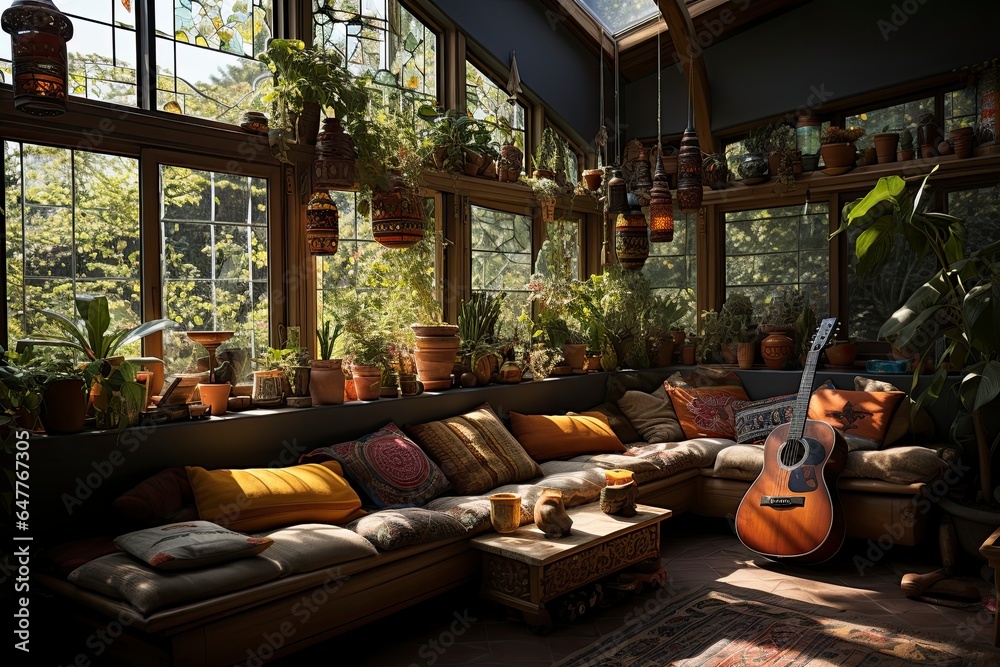 A bohemian living room filled with plants, hanging tapestries, and floor cushions, creating a relaxed and inviting atmosphere.