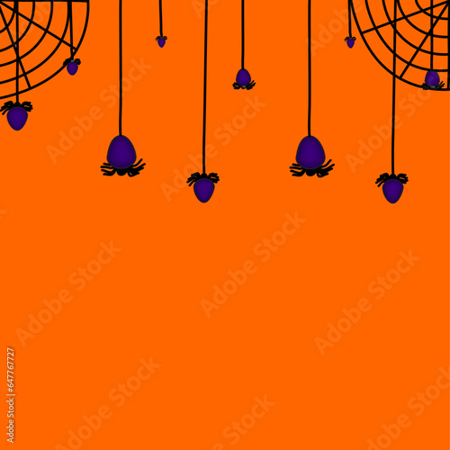 Halloween orange background with violet spiders and web