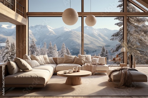 A Scandinavian-inspired living room with clean lines  light wood furniture  and large windows showcasing a view of snow-covered mountains.