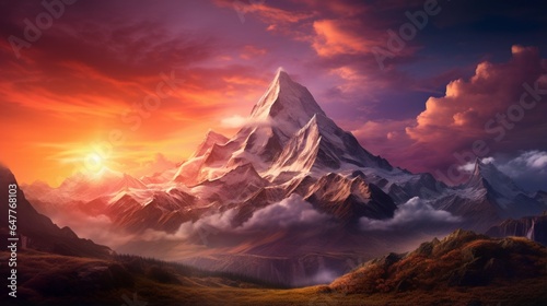 a mountain peak framed by a colorful sunset sky. 