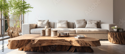 edge tree stump accent coffee table with big couch in room, Minimalist home interior design.