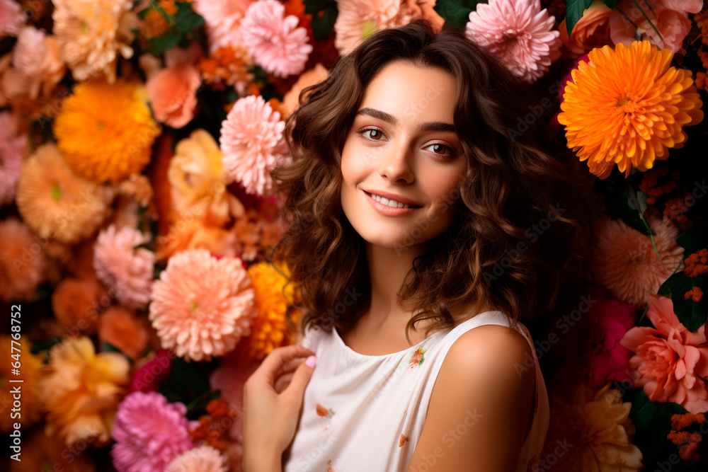 woman smiles in the studio on flowers background. happy model