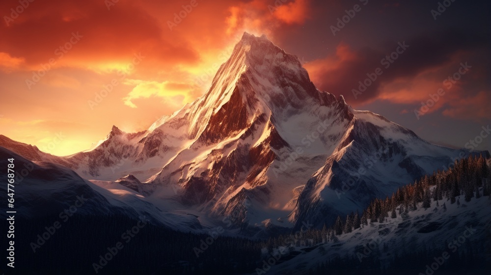 a mountain peak kissed by the warm light of a setting sun. 