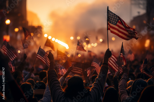 People are waving American flags