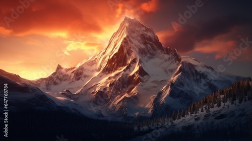 a mountain peak kissed by the warm light of a setting sun.  © Jigxa