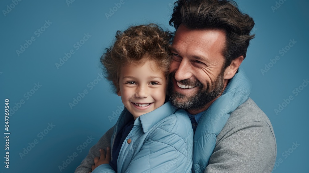 Portrait of happy father and smiling son embracing together. Portrait of happy father and smiling son embracing together.