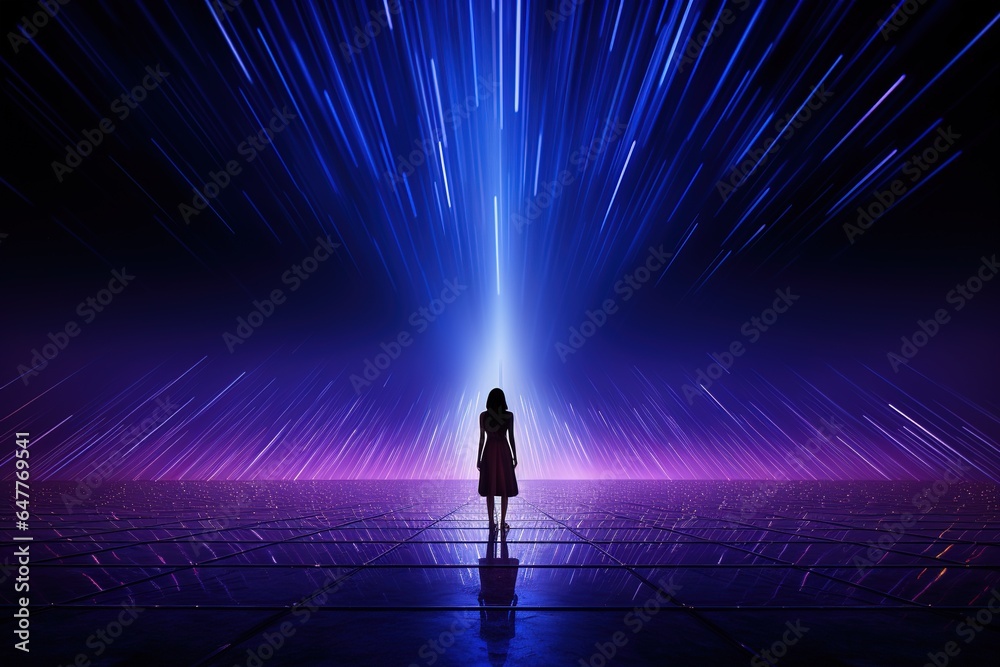 The girl is standing in the paranormal world. Neon portal. Retro style. Mystical atmosphere.