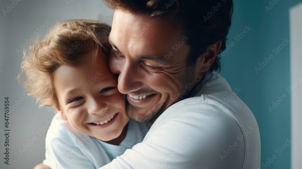 Portrait of happy father and smiling son embracing together.