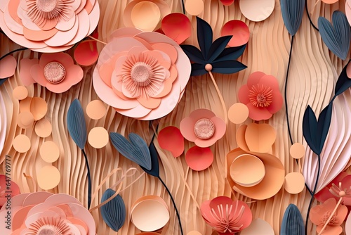 Abstract floral background of paper pink, apricot flowers Seamless pattern. photo