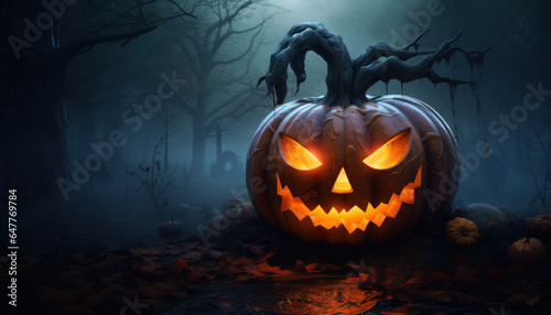Halloween Pumpkin with a Strange Bush on Its Head - Generative Ai