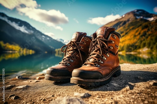 Hiking boots by the mountain lake in the mountains with sun. Generative AI