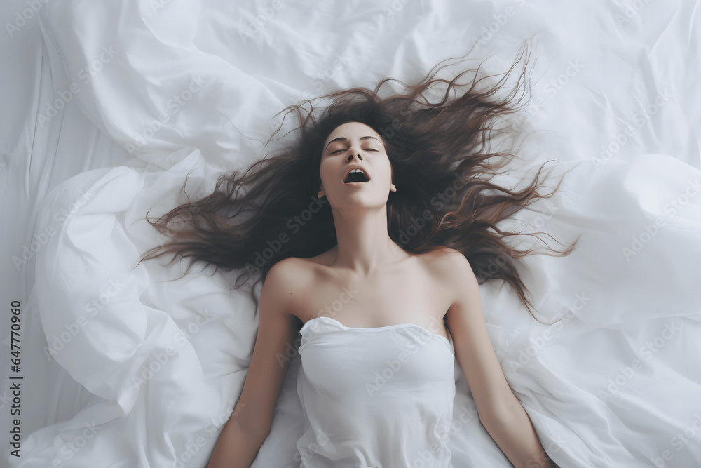 Girl waking up in a clean white room in her bed, morning, wake up, jawning, routine Girl waking up in a clean white room in her bed, morning, wake up, jawning, routine