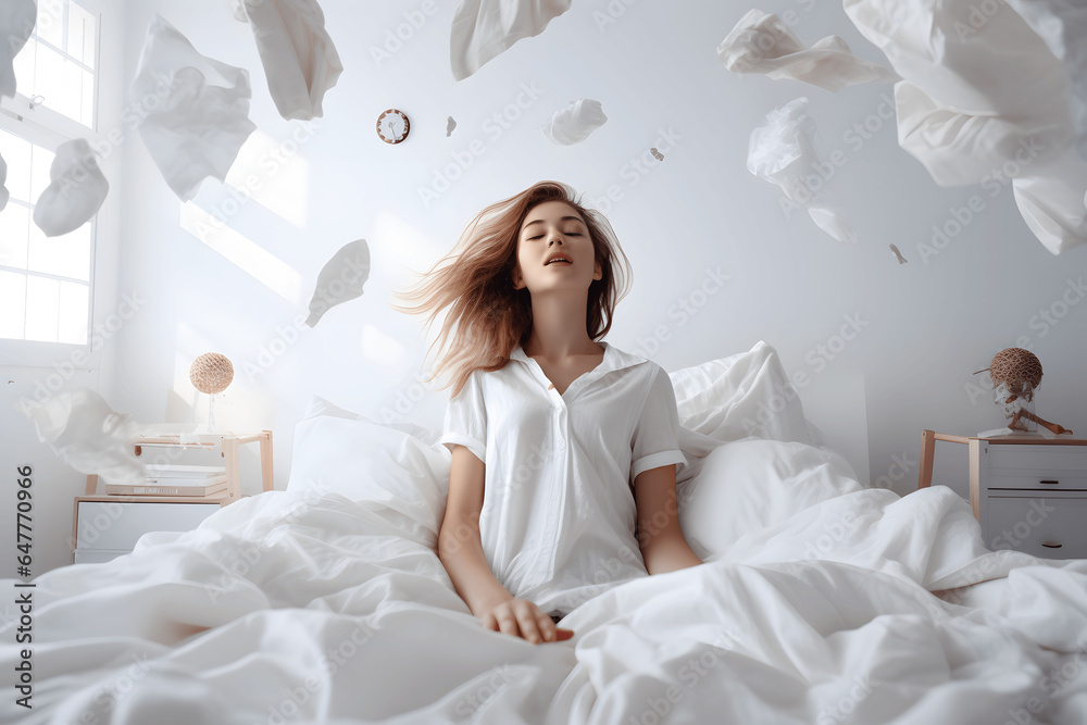 Girl waking up in a clean white room in her bed, morning, wake up, jawning, routine Girl waking up in a clean white room in her bed, morning, wake up, jawning, routine