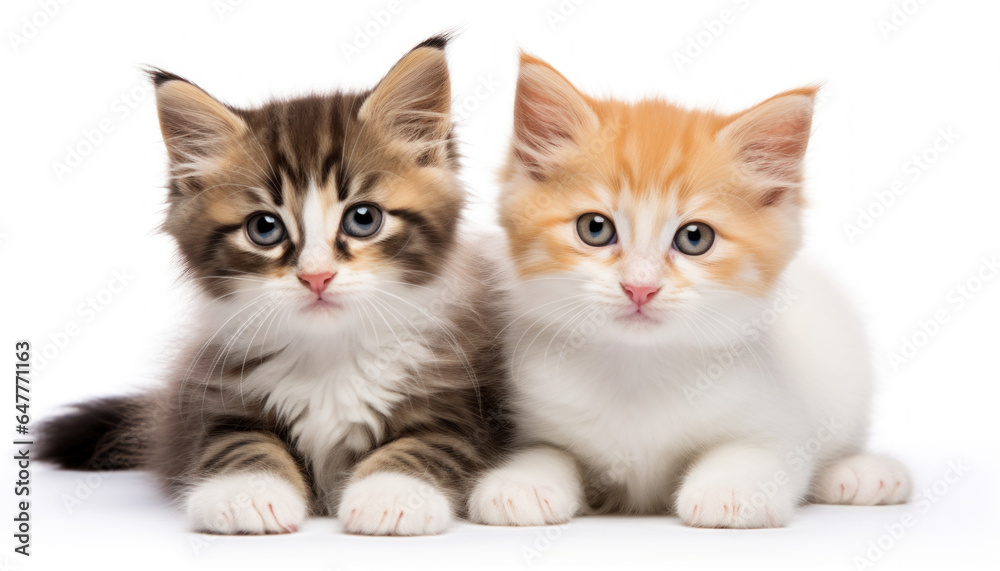 Two Cute, Sweet Tiny Kittens Cuddling Together on a White Background - Generative Ai