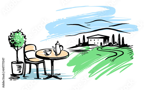 villa in Tuscany, Italy, Europe. Table with tea drawing