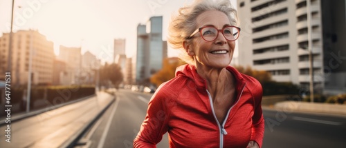 Senior woman going for a run, old woman living a healthy lifestyle for longevity on road in city in morning, glass building background, Generative AI