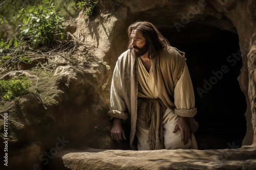 Jesus emerges from his tomb resurrected on Easter, in a simple robe and heavenly sunlight, holy biblical scene